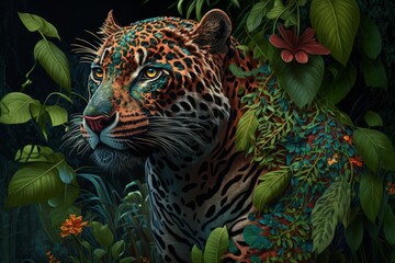 Jungle Leopard Jaguar Colorful Animal Tropical Wildlife Background Generative AI