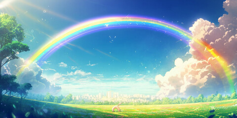 Obraz na płótnie Canvas landscape with rainbow and sun illustration background