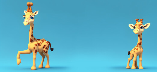 Two Giraffe portrait on a blue background, Generative AI illustration