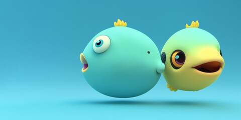Two Pufferfish portrait on a blue background, Generative AI illustration
