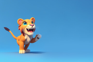 Young lion pointing on a blue background, Generative AI illustration