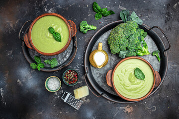 Traditional recipe of broccoli cheese soup with vegetables in a bowl, Restaurant menu, dieting, cookbook recipe top view