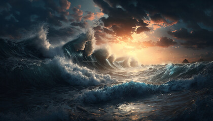 Fototapeta premium The ocean is blue and big. The sky has pretty clouds. Waves make calming sounds. It's beautiful.