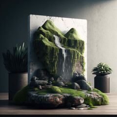 mossy rocks and a waterfall cascading down a mountain background for cosmetic products, mock up pedestal. AI generation.