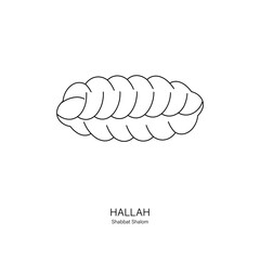 Braided bread named Challah in Hebrew eaten on the Shabbat and Jewish holidays. Black icon on white background. Can be used for logo, banner, flyer, sticker, poster, greeting card, decoration