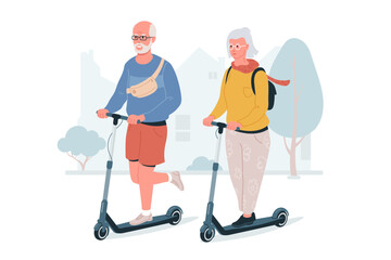 Elderly couple riding electric scooters. Happy seniors riding scooters outdoors. Modern pensioners after retirement. Vector illustration isolated on white. Flat style.