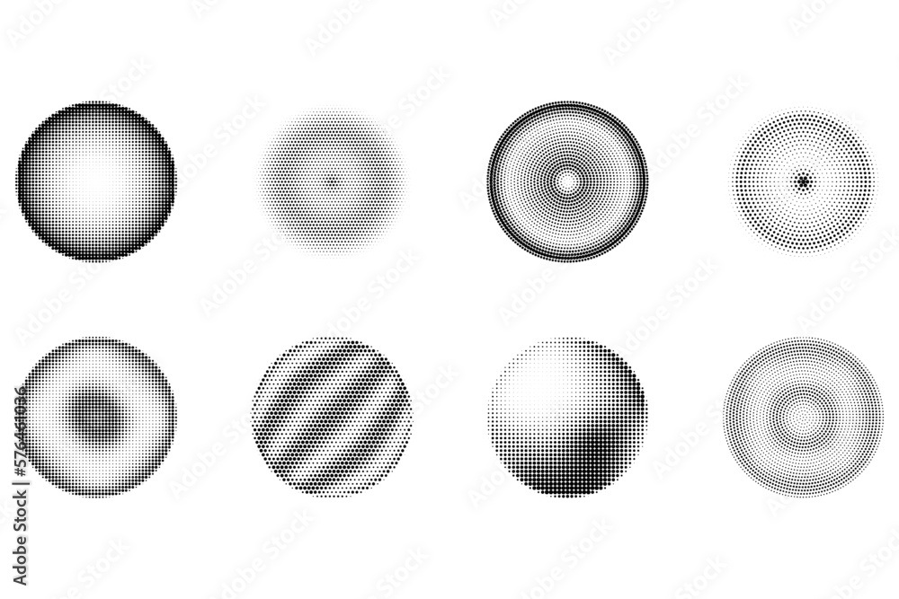 Aufkleber set of halftone design element, circular halftone dot pattern. specks, vector circle gradient. moder