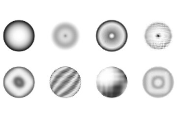 Set of halftone design element, circular halftone dot pattern. Specks, vector circle gradient. Modern circle design in polygraphic style. Printing pattern.