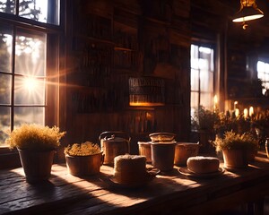 Moody soft room with window light, plants and jars on shelf,  library, Generative AI