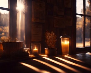 Moody soft room with window light, plants and jars on shelf,  library, Generative AI
