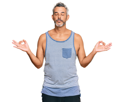 Middle age grey-haired man wearing casual style with sleeveless shirt relax and smiling with eyes closed doing meditation gesture with fingers. yoga concept.