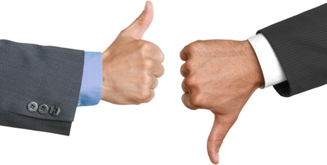 Closeup of Two Businessmen Showing Thumbs Up and Thumbs Down