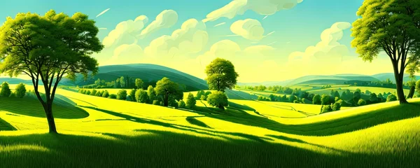 Poster Spring background. Green meadow, trees. Cartoon illustration of beautiful summer valley landscape with blue sky. green hills. Spring meadow with big tree with fresh green leaves. © Павел Кишиков