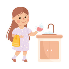 Cute girl washing her hands with soap. Happy kid doing everyday hygiene activities cartoon vector illustration