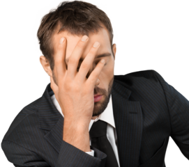 Stressed young man, hand on head on white background