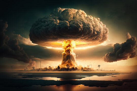 Explosion nuclear bomb in the ocean, Generative AI. Nuclear bomb danger concept. Nuclear apocalypce background. Atomic armageddon concept.