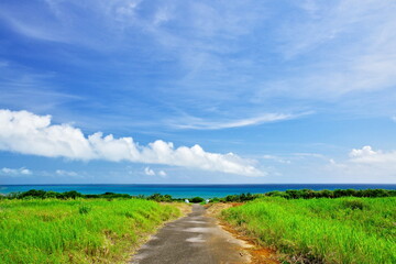 Fototapeta na wymiar 沖縄県小浜島南側の道と空と雲