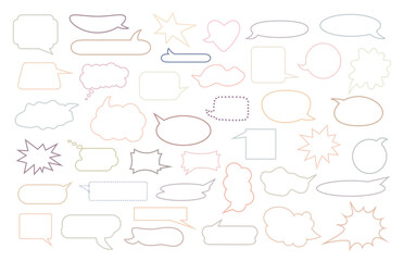 Speech bubble set pastel colored outline doodle vector illustration, sticker for planner, bullet journal, St Valentine decor, graphic element of conversational illustration, story, comic design