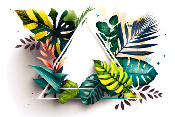 Tropical frame background. Creative layout made of tropical leaves with triangular frame on white background, Generative AI. Flat lay. Nature concept.