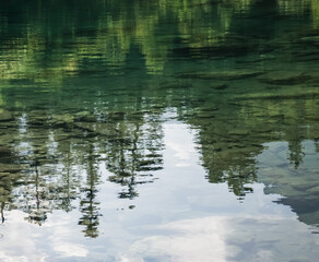 Reflection in the mountain lake of coniferous forest and mountain landscape, clear mountain lake as a mirror