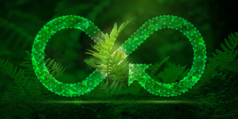 Circular economy symbol against the backdrop of a fern in the forest. Circular economy concept for future business growth and environmental improvement, sustainable development.