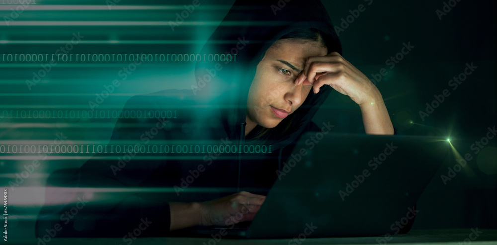 Leinwandbilder Indian woman, hacker and code glitch overlay of cybersecurity problem with coding graphic. Programmer, criminal and finance software hack with a hacking expert writing algorithm for cybercrime virus