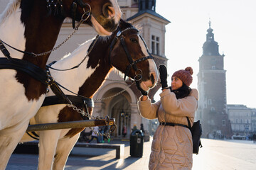 Tourists and Horses in Main Market Square in Krakow, Poland - obrazy, fototapety, plakaty