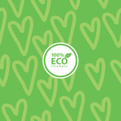 Green  background with eco friendly label, heart pattern