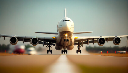 Modern airplane landing at the airport. Generative AI - obrazy, fototapety, plakaty