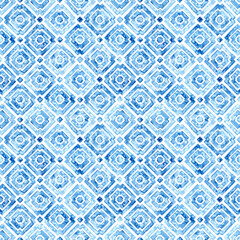 Watercolor seamless pattern. Blue-white print tile. Textile ornament, packaging.
