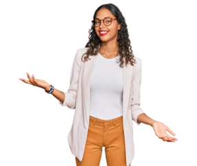 Young african american girl wearing business clothes smiling cheerful with open arms as friendly welcome, positive and confident greetings