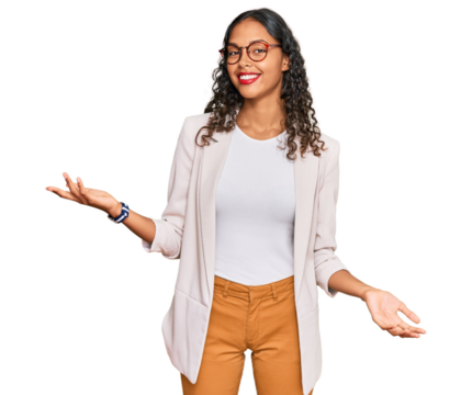 Young african american girl wearing business clothes smiling cheerful with open arms as friendly welcome, positive and confident greetings