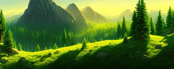 Zelfklevend Fotobehang Panoramic view of big mountains, beautiful green meadows with coniferous trees. Flat cartoon landscape with nature. Summer spring landscape. Travel posters. Natural park forest outdoor background © Павел Кишиков