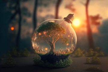 World Environment and Earth Day concept with light bulb. Tree in a light bulb on sunset Background. Generative AI.
