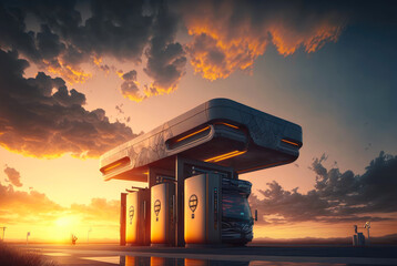 Hydrogen Fueling station with automobile wagon on sunset background. Illustration. Generative AI.