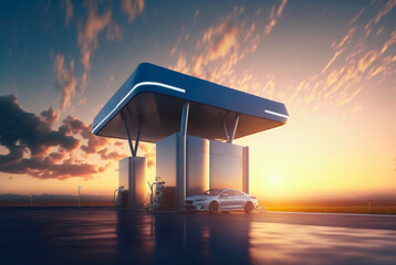 Hydrogen fueling station with passenger car on sunset background. Illustration. Generative AI.
