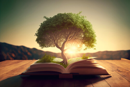 Open Book with green tree and rays of light. Illustration. Generative AI.
