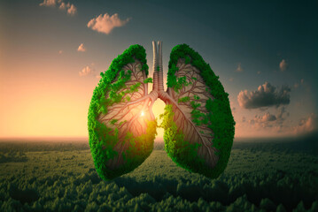 Top view of floral human lungs and green grass on sunset background. Eco-concept for the green energy.