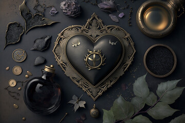 Witchcraft black moody mysterious black hearts flat lay. AI generated image