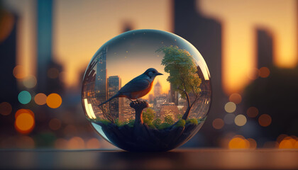 World Environment and Earth Day Concept with Glass Globe and Bird Illustration. Generative AI.