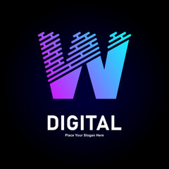 Digital line letter W logo vector template. Suitable for business, technology, gradient color type,  logo line style and initial name