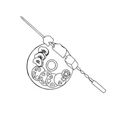Barbecue on a skewer and slices of tomatoes and cucumbers on a plate. Vector illustration of a picnic, recreation element.