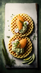 Top view of Delicious Keto Waffles with Red Fish and Avocado on Green Rustic Background. Illustration. Generative AI.