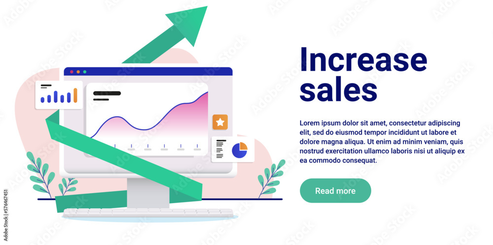 Fototapete increase sales - web banner design of computer with rising chart and green arrow showing growth. fla