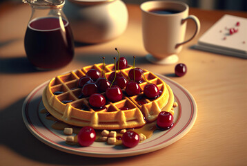 Close-up view of Delicious Belgian Waffles with Cherries Jam and cup of coffee on Peach Background. Illustration. Generative AI.