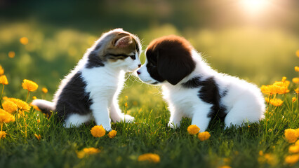 This adorable photo captures the playful interaction between cute kittens and puppies. The warm and fuzzy feeling this image evokes is sure to bring joy to any viewer
