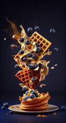 Flying Viennese Waffles with Blueberries and Syrup on a dark purple background. Illustration. Generative AI.