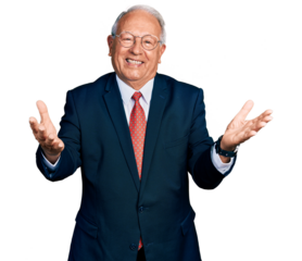 Senior man with grey hair wearing business suit and glasses smiling cheerful offering hands giving assistance and acceptance.
