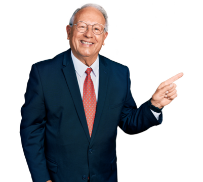 Senior man with grey hair wearing business suit and glasses with a big smile on face, pointing with hand finger to the side looking at the camera.