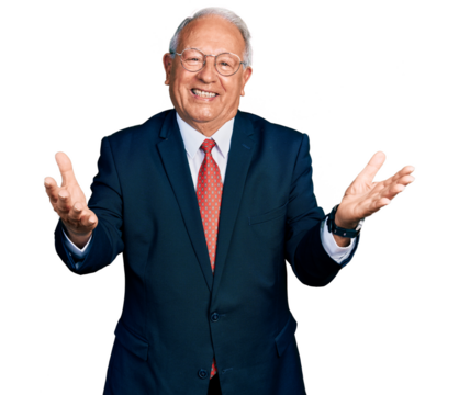 Senior man with grey hair wearing business suit and glasses smiling cheerful offering hands giving assistance and acceptance.